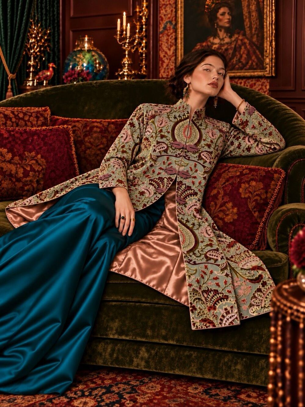 Soft Surroundings Velvet Burnout Long Jacket L Chinoiserie Frog Closure Boho Lux - Picture 2 of 16